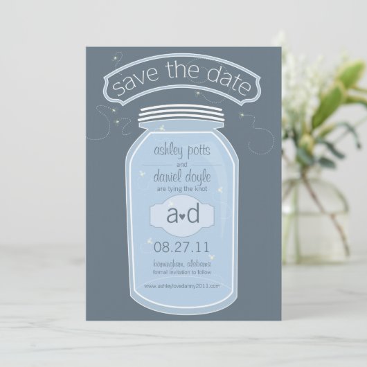 Blue Mason Jar & Fireflies Save the Date (Staand voorkant)