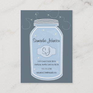 Blue Mason Jar & Fireflies Save the Date Visitekaartje