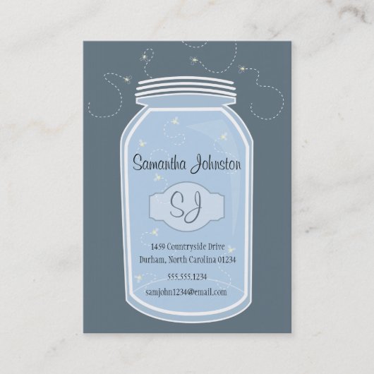 Blue Mason Jar & Fireflies Save the Date Visitekaartje (Voorkant)