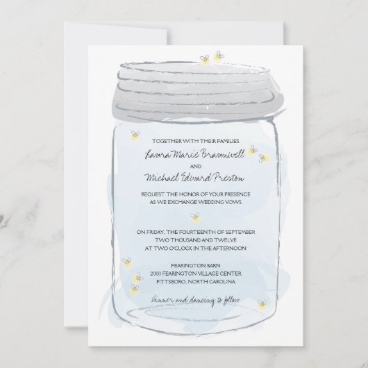 Blue Mason Jar & Fireflies Wedding Kaart (Voorkant)