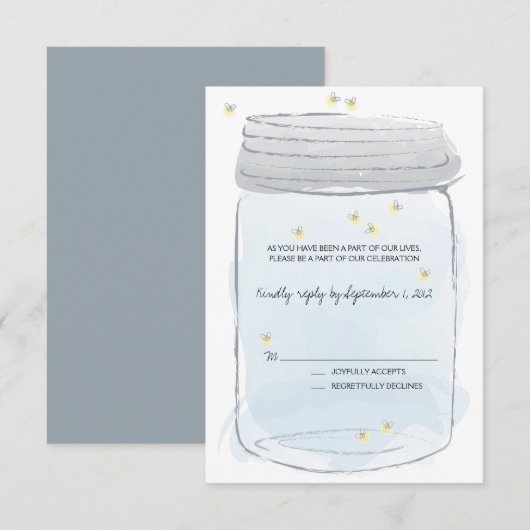 Blue Mason Jar & Fireflies Wedding RSVP (Voorkant / Achterkant)