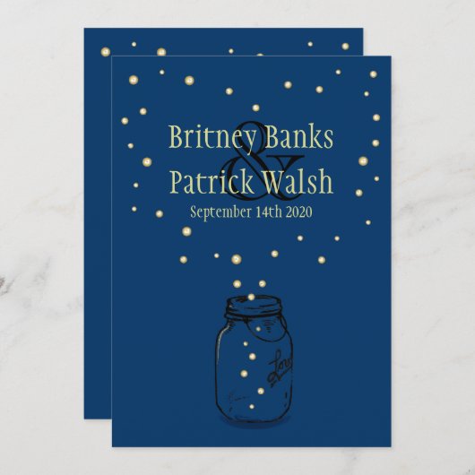 Blue Mason Jar Firefly Wedding Invitations Kaart (Voorkant / Achterkant)
