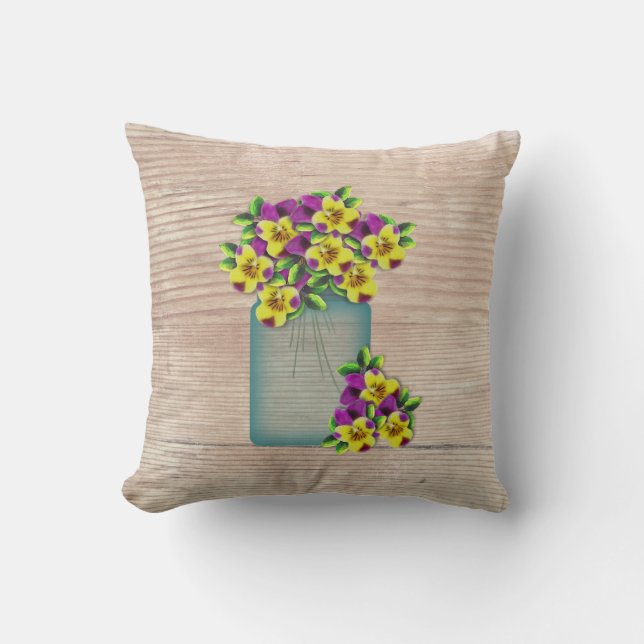 Blue Mason Jar Pansies Pillow Kussen (Voorkant)