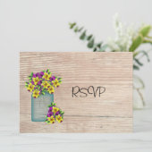 Blue Mason Jar Pansies Reception RSVP Kaart (Staand voorkant)