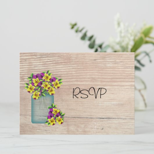Blue Mason Jar Pansies Reception RSVP Kaart (Staand voorkant)