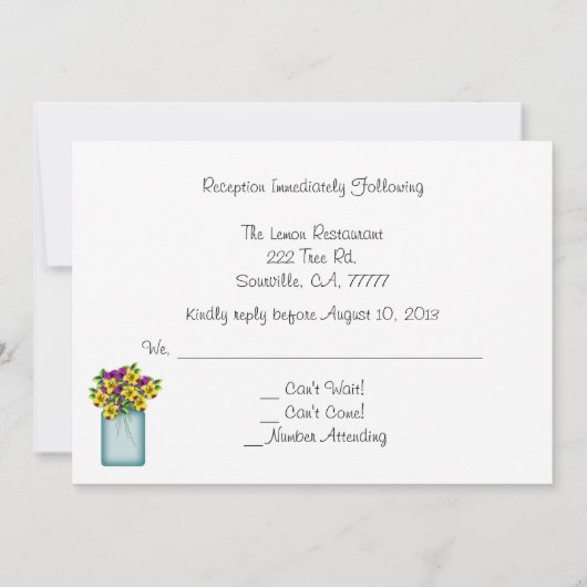 Blue Mason Jar Pansies Reception RSVP Kaart (Achterkant)