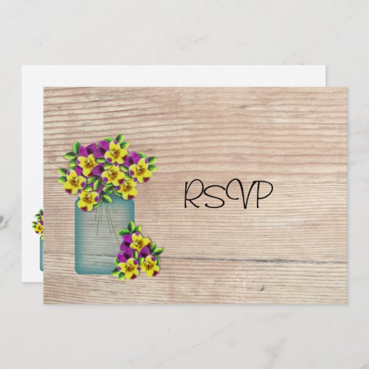 Blue Mason Jar Pansies Reception RSVP Kaart (Voorkant / Achterkant)