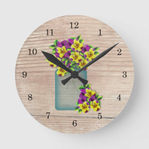 Blue Mason Jar Pansies Wall klok