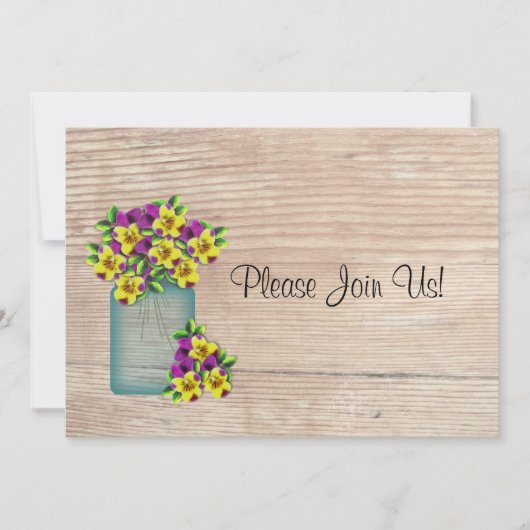 Blue Mason Jar Pansies Wedding Uitnodiging (Voorkant)
