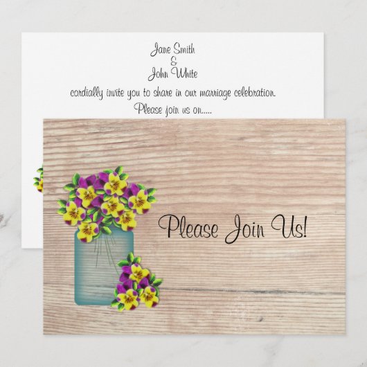 Blue Mason Jar Pansies Wedding Uitnodiging (Voorkant / Achterkant)