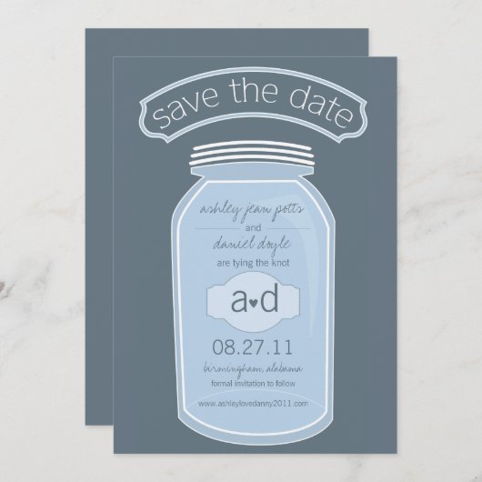Blue Mason Jar Save the Date (Voorkant / Achterkant)