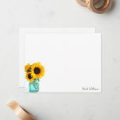Blue Mason Jar Sunflower - Aangepaste schrijfkunst Notitiekaartje (Voorkant / Achterkant in situ)