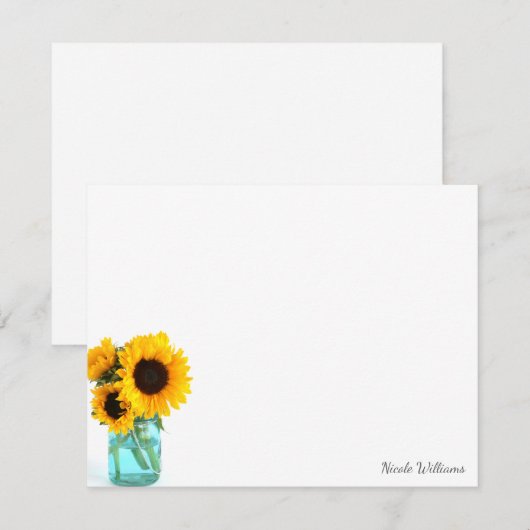 Blue Mason Jar Sunflower - Aangepaste schrijfkunst Notitiekaartje (Voorkant / Achterkant)