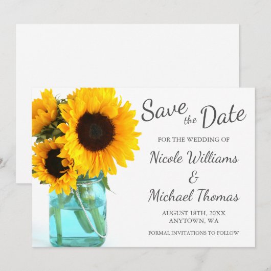 Blue Mason Jar Sunflower Save the Date (Voorkant / Achterkant)