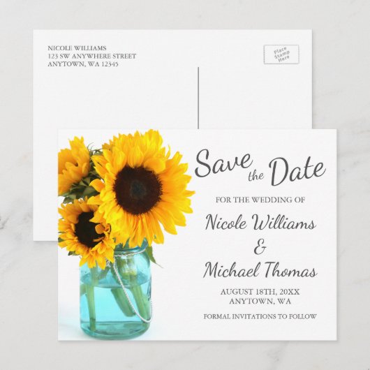 Blue Mason Jar Sunflower Save the Date Aankondigingskaart (Voorkant / Achterkant)