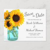 Blue Mason Jar Sunflower Save the Date Aankondigingskaart (Voorkant)