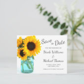 Blue Mason Jar Sunflower Save the Date Aankondigingskaart (Staand voorkant)