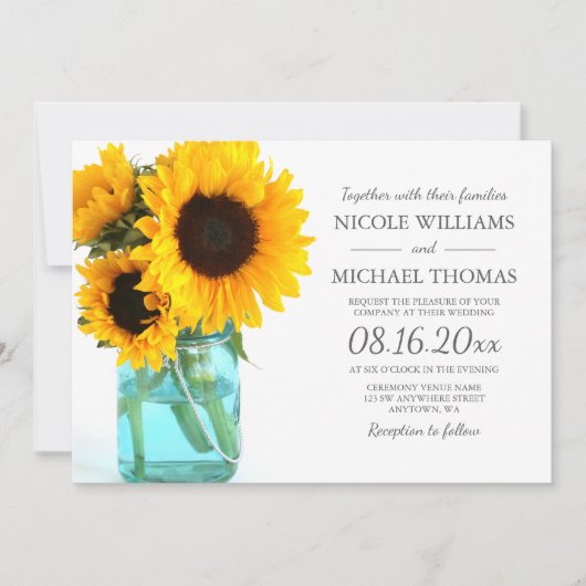 Blue Mason Jar Sunflower Wedding Invitting Kaart (Voorkant)