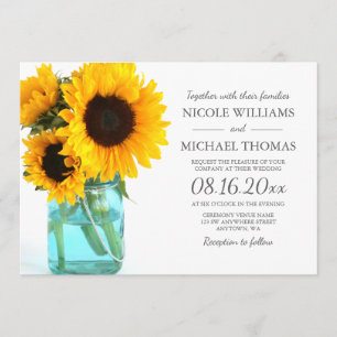 Blue Mason Jar Sunflower Wedding Invitting Kaart