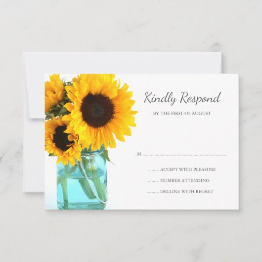 Blue Mason Jar Sunflower Wedding RSVP Kaartje (Voorkant)