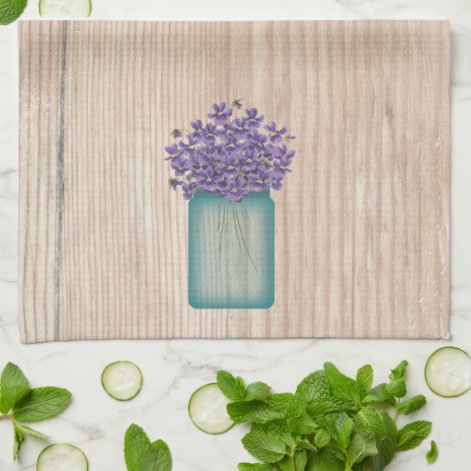 Blue Mason Jar Violets Kitchen Towel Theedoek (Gevouwen)