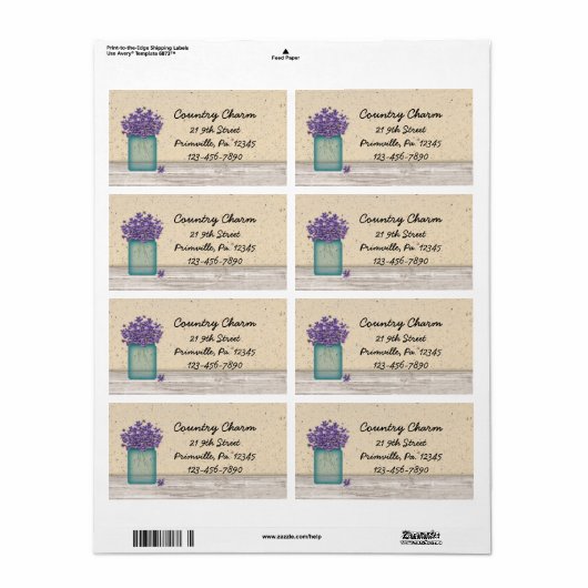 Blue Mason Jar Violets Label (Full Sheet)
