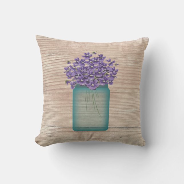 Blue Mason Jar Violets Pillow Kussen (Voorkant)