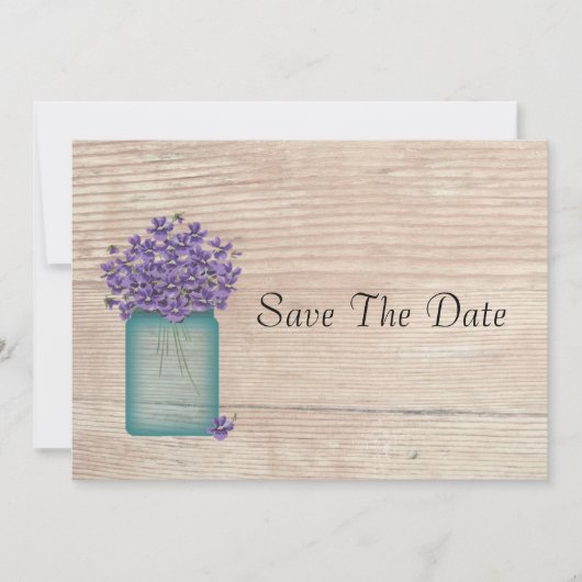 Blue Mason Jar Violets Save the Date (Voorkant)