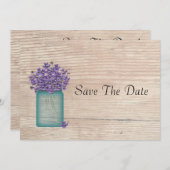 Blue Mason Jar Violets Save the Date (Voorkant / Achterkant)