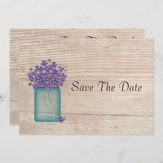 Blue Mason Jar Violets Save the Date (Voorkant / Achterkant)