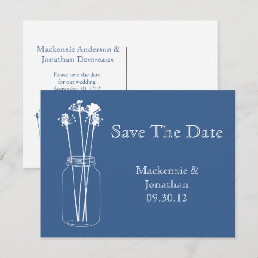Blue Mason Jar Wildflowers Bewaar de datum Aankondigingskaart (Voorkant / Achterkant)