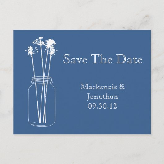 Blue Mason Jar Wildflowers Bewaar de datum Aankondigingskaart (Voorkant)
