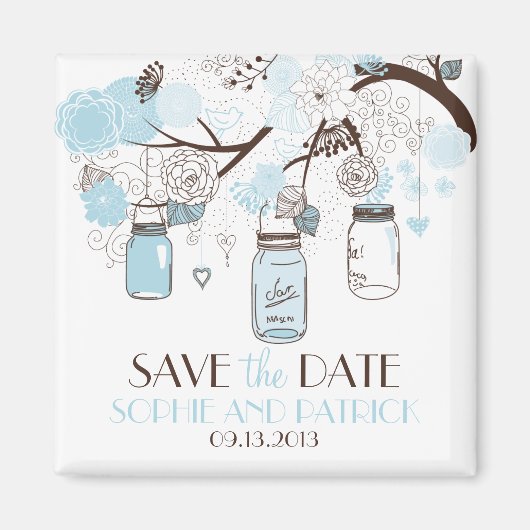 Blue Mason Jars & Flowers Save the Date Magnet (Voorkant)