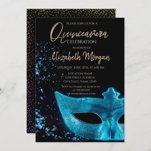 Blue Masque, Confetti Quinceañera Kaart (Voorkant / Achterkant)