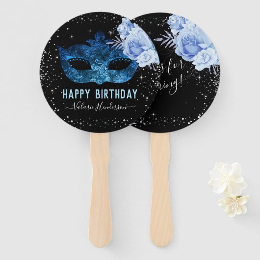 Blue Masquerade Birthday Party Hand Fan Handwaaier (Voorkant en achterkant)