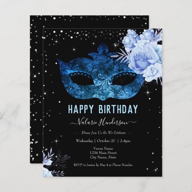 Blue Masquerade Birthday Party Invitation (Voorkant / Achterkant)