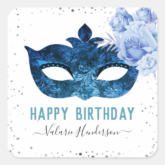 Blue Masquerade Birthday Party Vierkante Sticker (Voorkant)