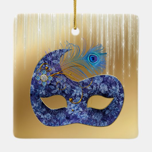 Blue Masquerade Mask en Peacock Feather on Gold Keramisch Ornament (Achterkant)