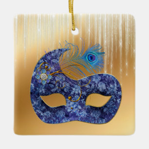 Blue Masquerade Mask en Peacock Feather on Gold Keramisch Ornament
