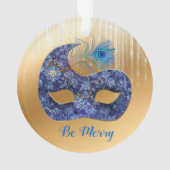 Blue Masquerade Mask en Peacock Feather on Gold Ornament (achterkant)