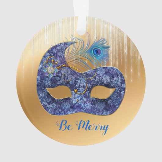 Blue Masquerade Mask en Peacock Feather on Gold Ornament (achterkant)
