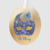 Blue Masquerade Mask en Peacock Feather on Gold Ornament (voorkant)