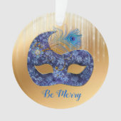 Blue Masquerade Mask en Peacock Feather on Gold Ornament (voorkant)