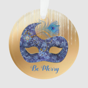 Blue Masquerade Mask en Peacock Feather on Gold Ornament