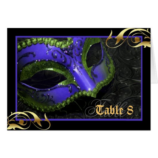 Blue Masquerade Mask Table Number Card (Voorkant Horizontaal)