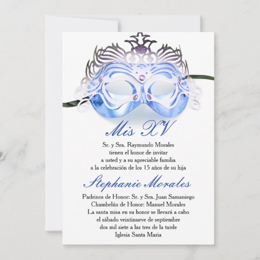 Blue Masquerade Quinceanera Birthday Uitnodiging (Voorkant)