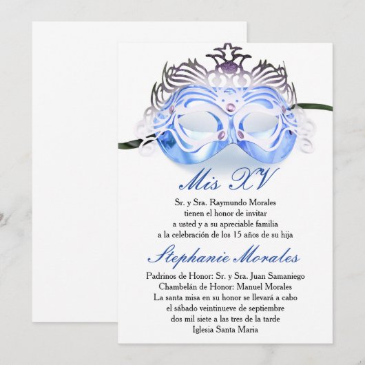 Blue Masquerade Quinceanera Birthday Uitnodiging (Voorkant / Achterkant)