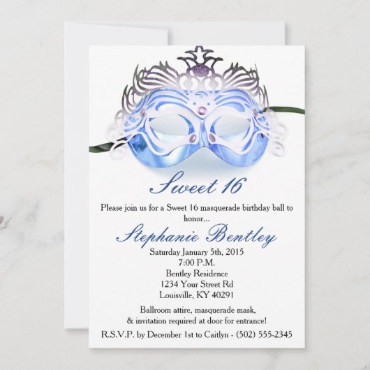 Blue Masquerade Zebra Sweet 16 Birthday Invitation Kaart (Voorkant)