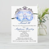 Blue Masquerade Zebra Sweet 16 Birthday Invitation Kaart (Staand voorkant)