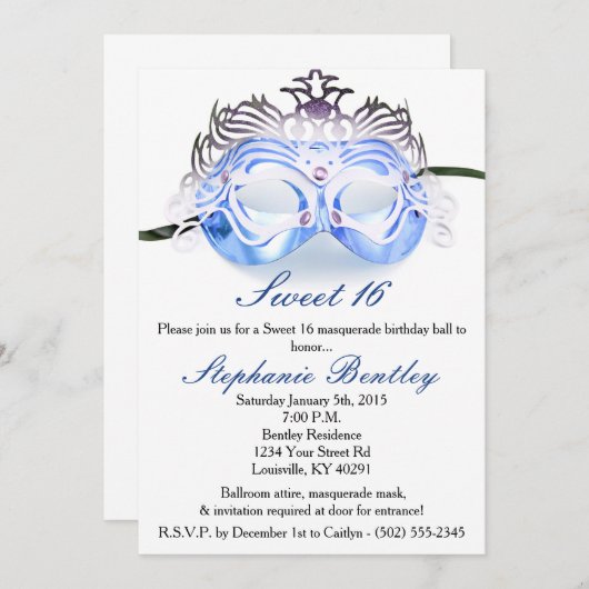 Blue Masquerade Zebra Sweet 16 Birthday Invitation Kaart (Voorkant / Achterkant)